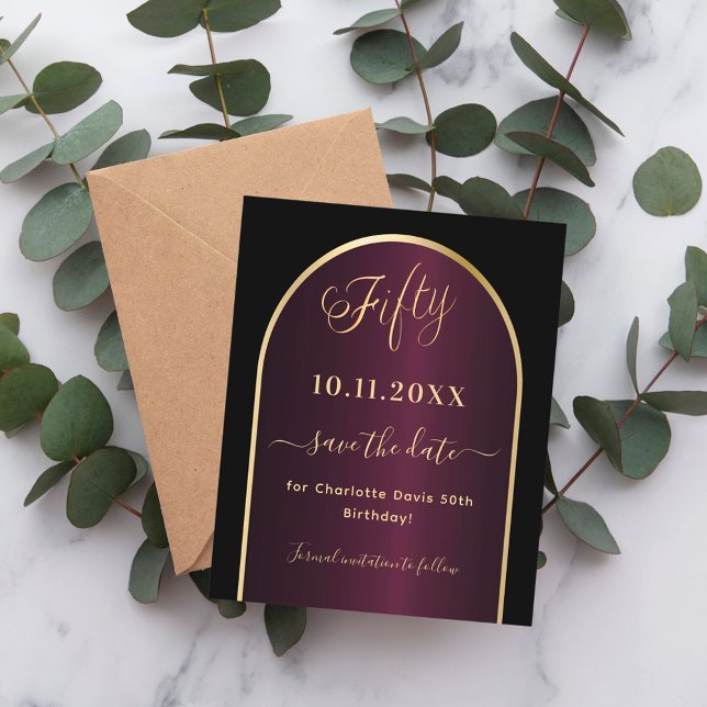 Black burgundy 50th birthday save the date card (Creator Uploaded)