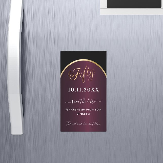 Black burgundy 50th birthday Save the Date magnet (Creator Uploaded)