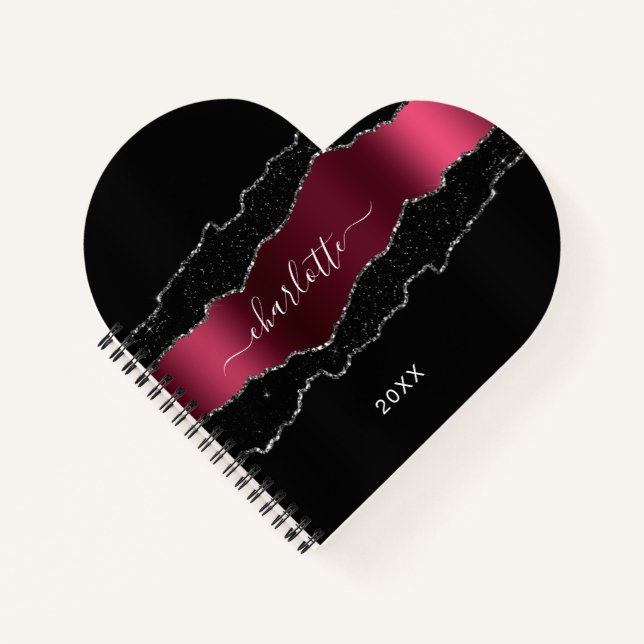 Black burgundy agate marble glitter name girl notebook (Front)