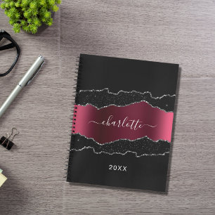 Black burgundy agate marble glitter name notebook
