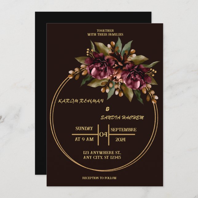 Black Burgundy and Gold Floral Modern Boho Wedding Invitation (Front/Back)