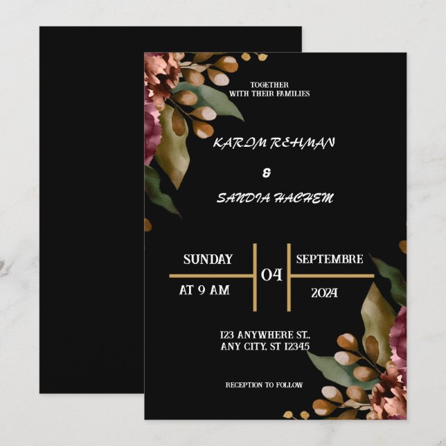 Black Burgundy and Gold Floral Modern Boho Wedding Invitation (Front/Back)
