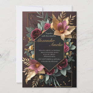 Black Burgundy and Gold Floral Modern Boho Wedding Invitation