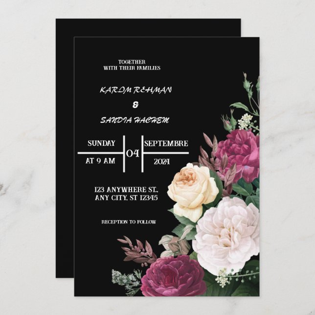 Black Burgundy and Gold Floral Modern Boho Wedding Invitation (Front/Back)