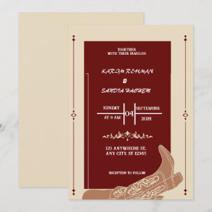 Black Burgundy and Gold Floral Modern Boho Wedding Invitation