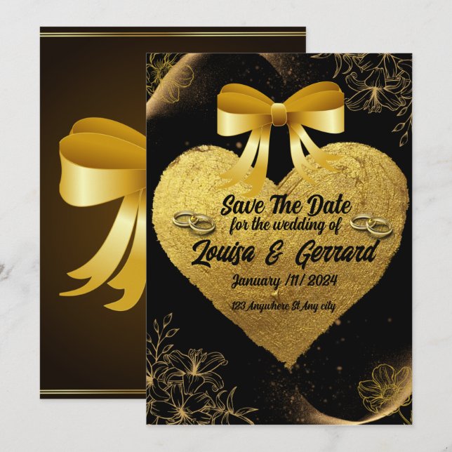 Black Burgundy and Gold Floral Modern Boho Wedding Invitation (Front/Back)