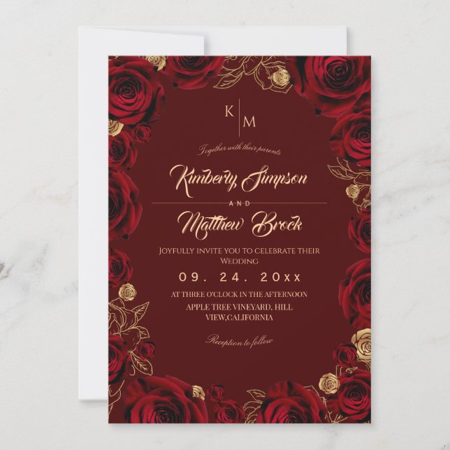 Black Burgundy and Gold Rose Floral Boho Wedding Invitation (Front)