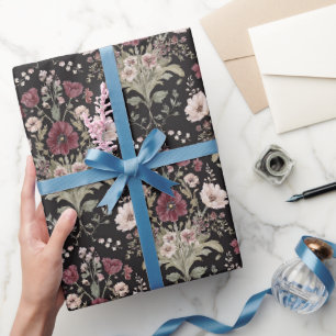 Black Burgundy Blush Flowers Bridal Shower Wrapping Paper