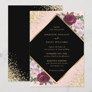 Black Burgundy Blush Gold Geometric Floral Wedding Invitation