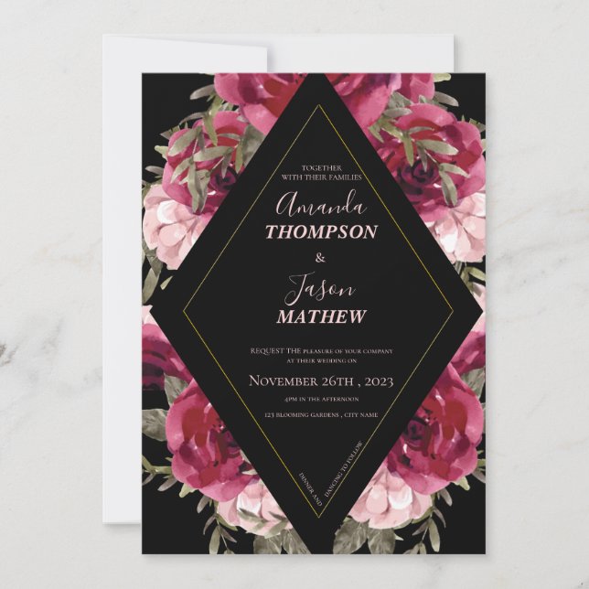 Black Burgundy Blush Pink Beautiful Floral Wedding Invitation (Front)