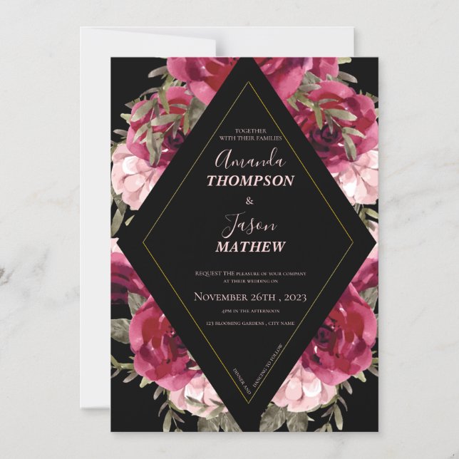 Black Burgundy Blush Pink Beautiful Floral Wedding Magnetic Invitation (Front)