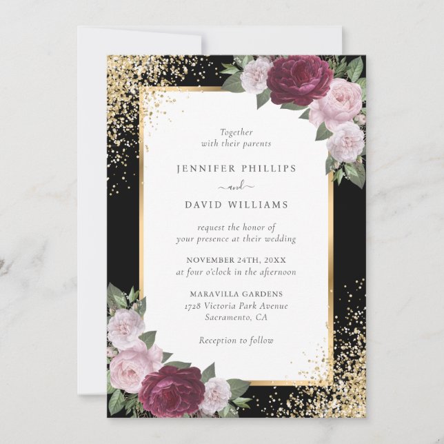 Black Burgundy Blush Pink Gold Floral Wedding Invitation (Front)