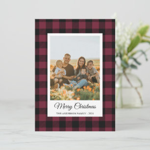 Black burgundy buffalo plaid photo Holiday Card