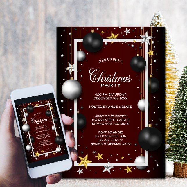 Black Burgundy Christmas Ornament Christmas Party Invitation (Creator Uploaded)