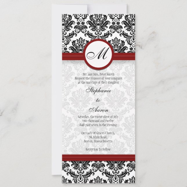 Black/Burgundy Damask Monogram Wedding Invitation (Front)
