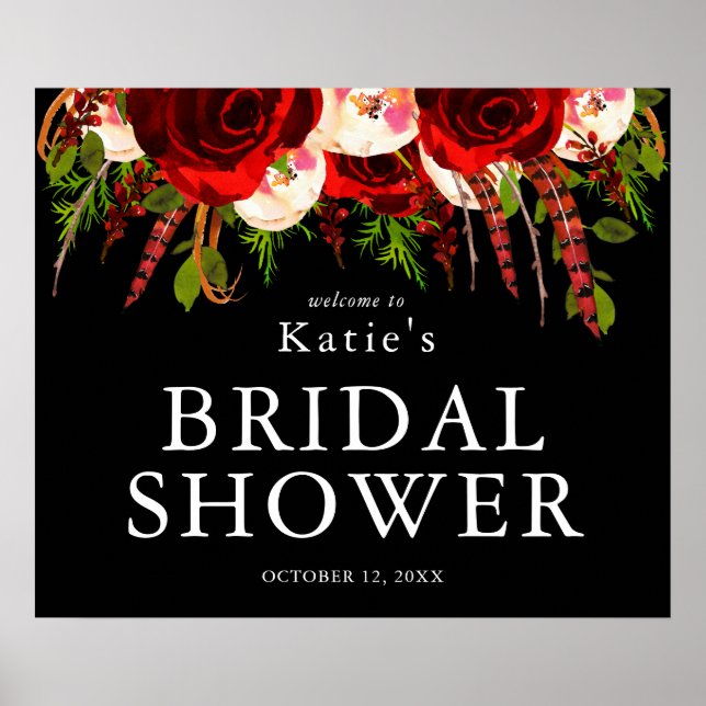 Black Burgundy Floral Boho Bridal Shower Poster (Front)