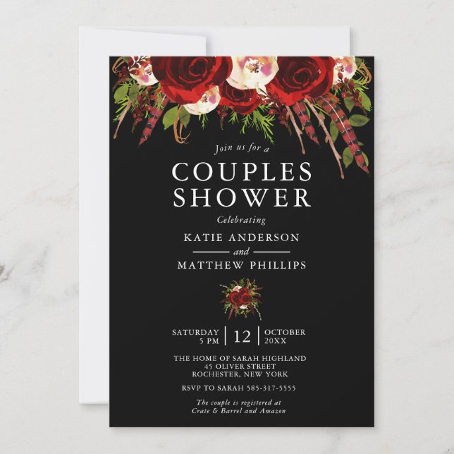 Black Burgundy Floral Boho Couples Shower Invitation (Front)