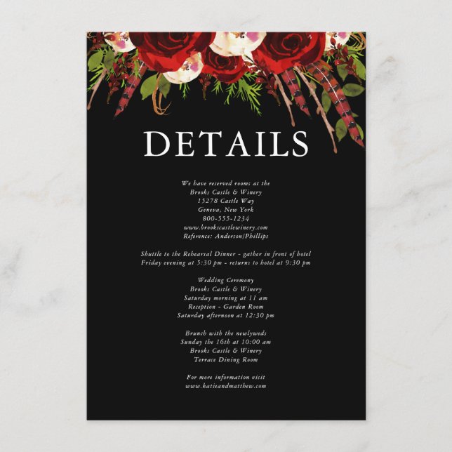Black Burgundy Floral Boho Wedding Details Enclosure Card (Front)