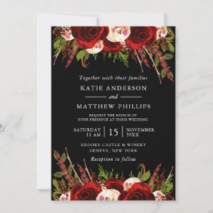 Black Burgundy Floral Boho Wedding Invitation