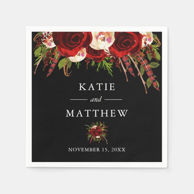 Black Burgundy Floral Boho Wedding Napkin (Front)