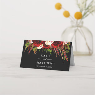 Black Burgundy Floral Boho Wedding Place Card