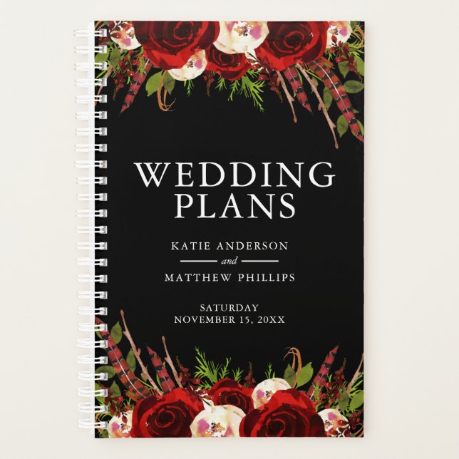 Black Burgundy Floral Boho Wedding Planner (Front)