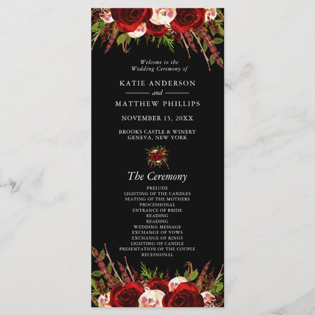 Black Burgundy Floral Boho Wedding Program Programme (Front)
