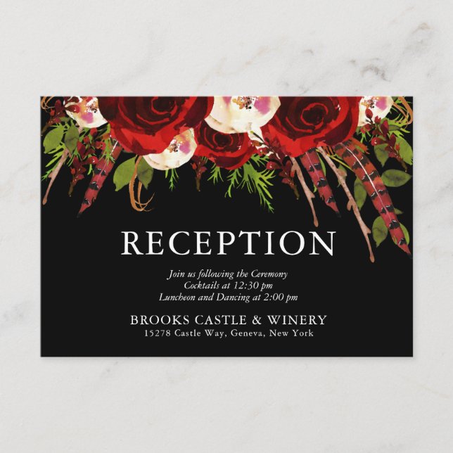 Black Burgundy Floral Boho Wedding Reception Enclosure Card (Front)