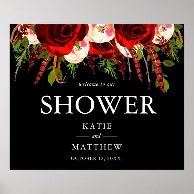 Black Burgundy Floral Boho Welcome to Our Shower Poster (Front)