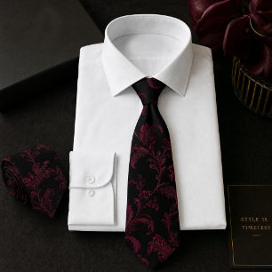 Black Burgundy Floral Damask Seamless Pattern  Tie