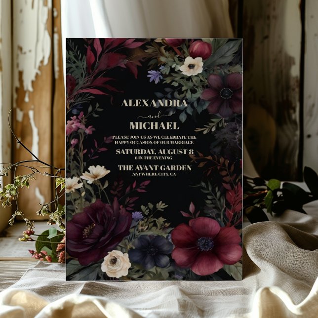 Black Burgundy  Floral Modern Boho Wedding Invitation (Creator Uploaded)