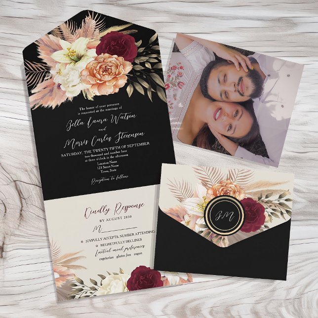 Black Burgundy Floral Wedding All-In-One Invite (Creator Uploaded)