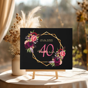 Black burgundy florals 40th birthday guest book