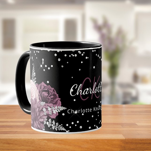 Black burgundy florals elegant monogram name mug (Creator Uploaded)