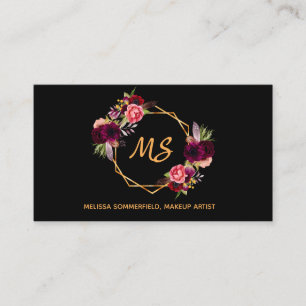 Black burgundy florals gold geo monogram elegant business card