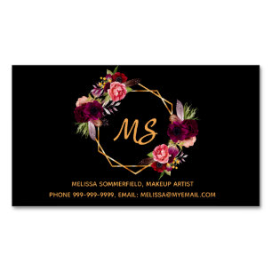 Black burgundy florals gold geo monogram elegant 	Magnetic business card