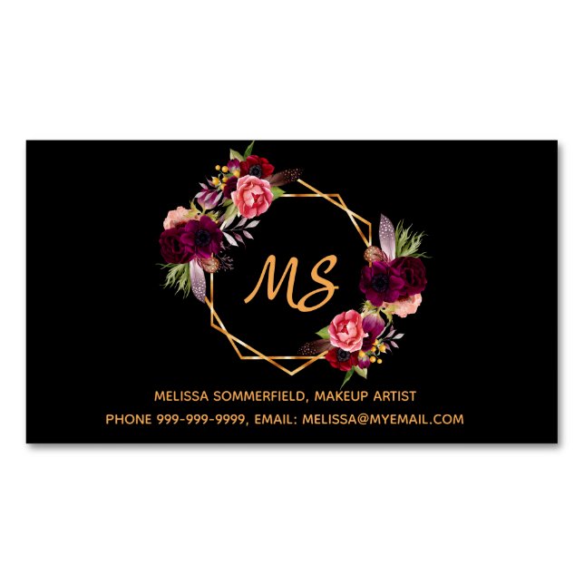 Black burgundy florals gold geo monogram elegant 	Magnetic business card (Front)