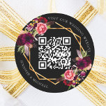 Black burgundy florals gold geometric QR wedding Classic Round Sticker<br><div class="desc">Decorated with watercolored roses in burgundy and pink.  Elegant black background. A faux gold geometric frame. Add your url for your wedding website.</div>