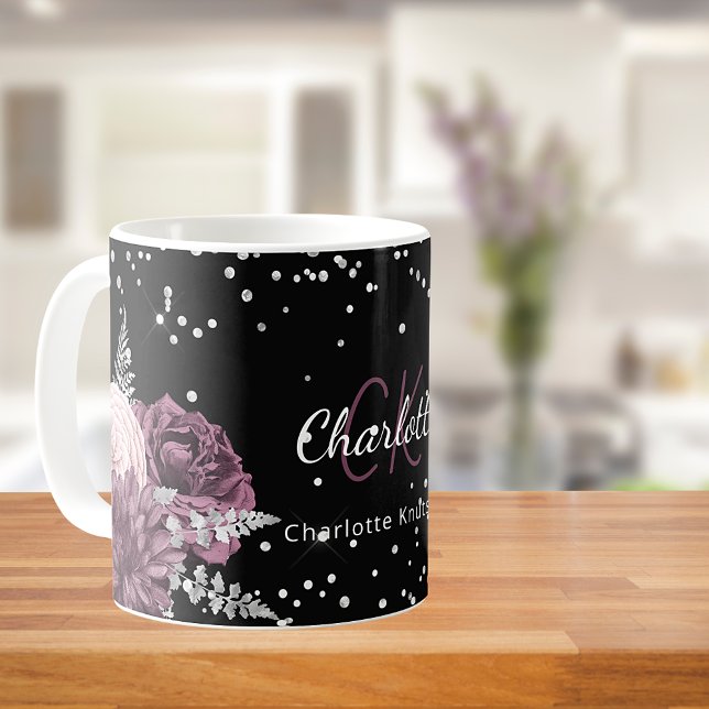 Black burgundy flowers elegant monogram name coffee mug (Creator Uploaded)