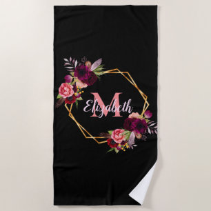 Black burgundy flowers monogram name geometric beach towel
