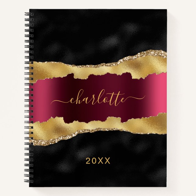 Black burgundy gold agate marble name script notebook (Front)
