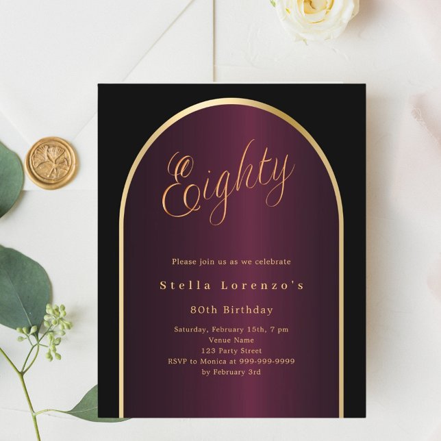Black burgundy gold arch 80th birthday invitation (Creator Uploaded)
