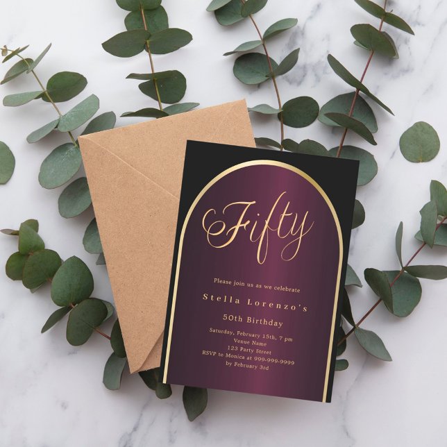 Black burgundy gold arch luxury 50th birthday invitation (Creator Uploaded)