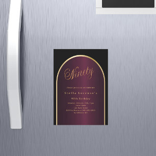 Black burgundy gold arch luxury 90th birthday magnetic invitation