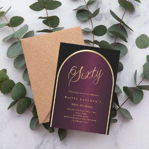 Black burgundy gold arch script 60th birthday invitation