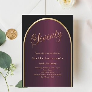 Black burgundy gold arch script 70th birthday invitation