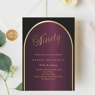 Black burgundy gold arch script 90th birthday invitation
