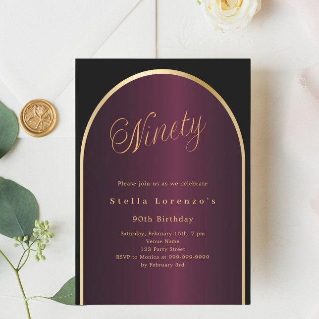 Black burgundy gold arch script 90th birthday invitation (Creator Uploaded)