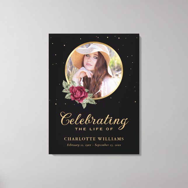 Black Burgundy Gold Floral Funeral Welcome Sign (Front)