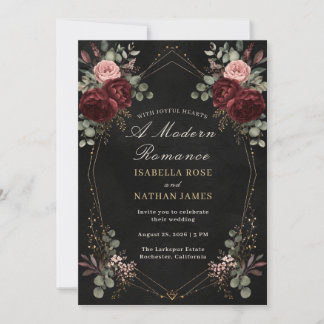 Black Burgundy Gold Floral Wedding Invitation